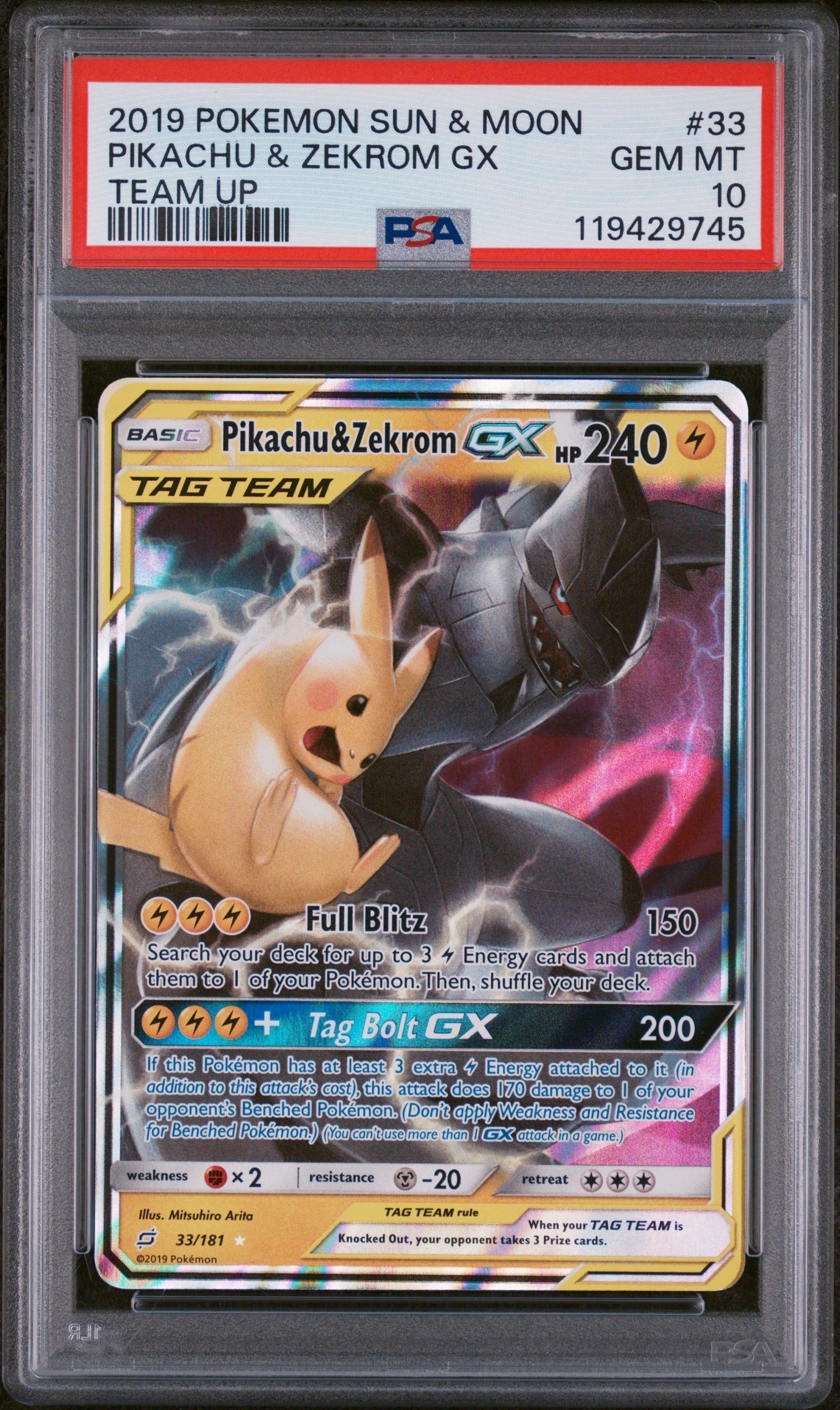 2019 POKEMON SUN & MOON TEAM UP #33 PIKACHU & ZEKROM GX TEAM UP PSA 10